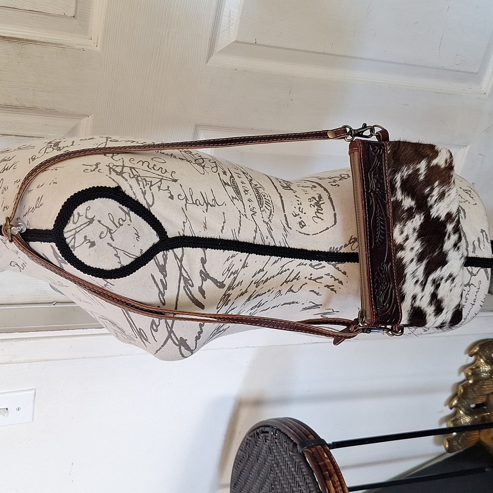 MYRA Leather Western Cow Hair Animal Print Crossbody Bag Tooled Leather